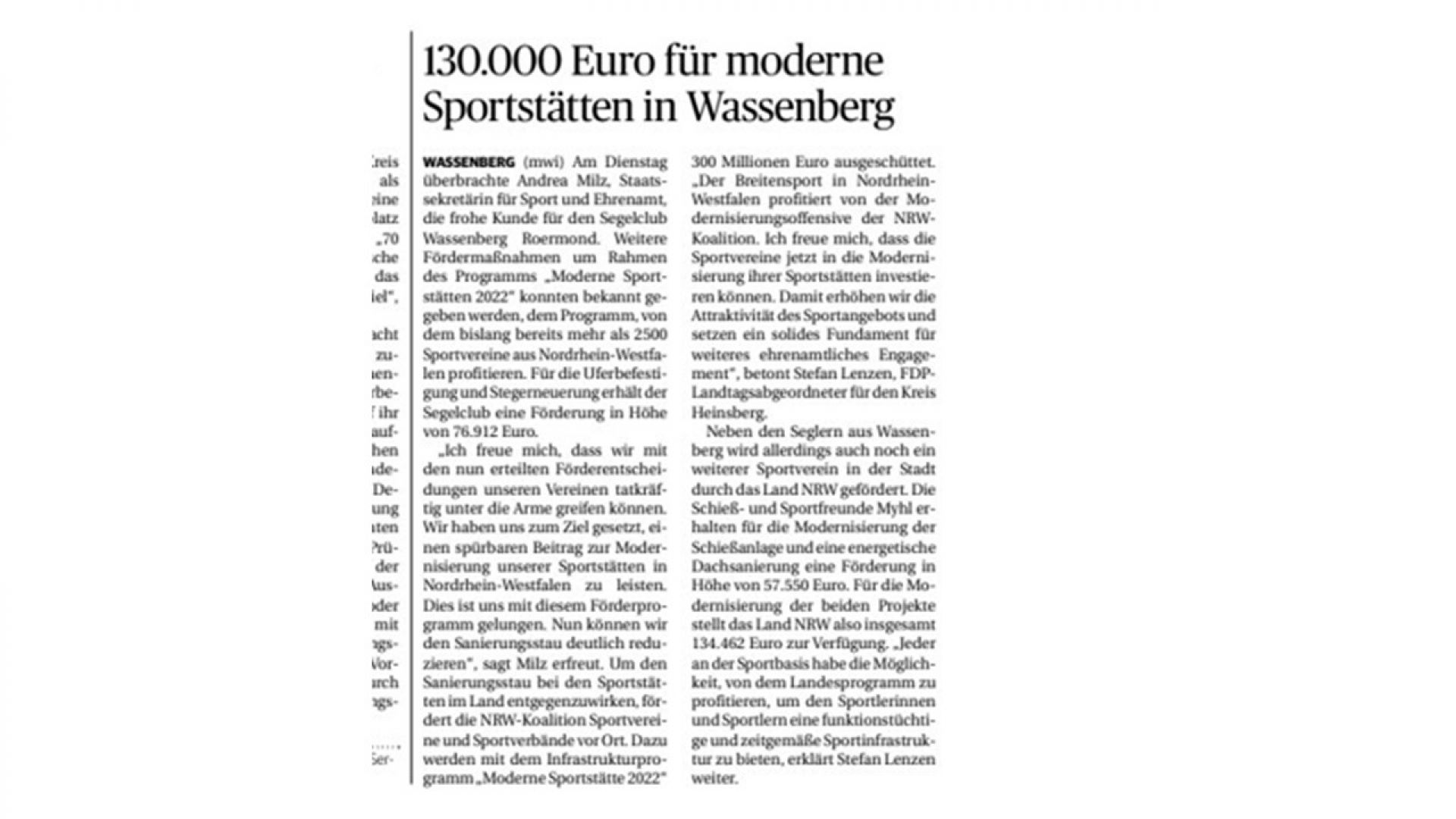 130.000 Euro für 2 Vereine für moderne Sportstätten in Wassenberg